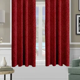 Cortina Red 2 Pieces Floral Printed Black Out Window Curtains-19