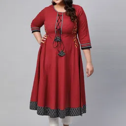 YASH GALLERY Women Plus Size Maroon Embroidered Detail A-Line Kurta-image-89