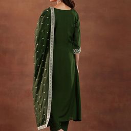 Libas Green and Silver Floral Zari Yoke Design Pleated A-Line Kurta with Trouser & Dupatta image 4