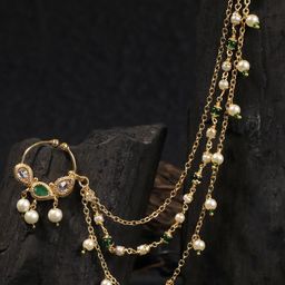 Adwitiya Collection Gold-Plated Green Stone-Studded & Beaded Chained Nose Ring-17