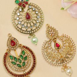 OOMPH Set Of 3 Kundan Studded & Pearls Beaded Hair Bun Pin-62