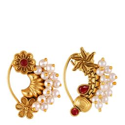 Vighnaharta Set Of 2 Gold-Plated Pearl Beaded Maharashtrian Nosepin-15