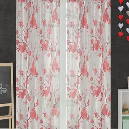 Aura White & Red 2 Pieces Floral Printed Sheer Window Curtain-2
