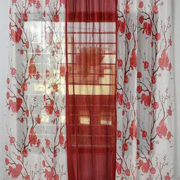 Aura Maroon & White 3 Pieces Floral Sheer Window Curtains-image-13