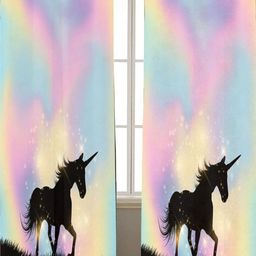 THEYAYACAFE Pink 2 Pieces Unicorn Rainbow Room Darkening Window Curtains-11