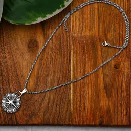 Mahi Men Rhodium-Plated Cross Compass Round Pendant With Chain-image-16