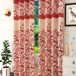 Homefab India Maroon & Beige Set of 2 Floral Door Curtain-27