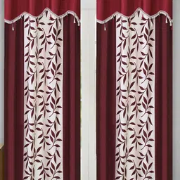Aura Maroon & White 2 Pieces Floral Printed Room Darkening Eyelet Door Curtains-image-29