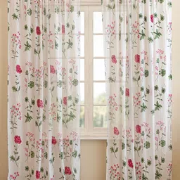 HOMEMONDE 2 Pcs White & Pink Floral Cotton Sheer Door Curtain-58
