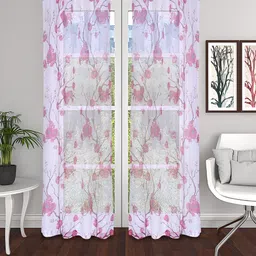 THE CONVERSION White & Burgundy 2 Pieces Floral Tissue Sheer Long Door Curtains-image-71