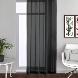 THE CONVERSION Black Linen With Slub Textured Sheer Long Door Curtain-image-5