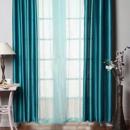 Homefab India Turquoise Blue 3 Pieces Sheer Door Curtains-22