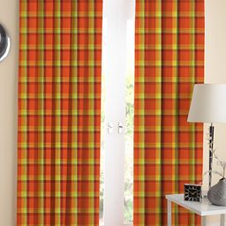Airwill Orange Yellow 2 Pieces Tartan Checks Cotton Room Darkening Long Door Curtain-image-3