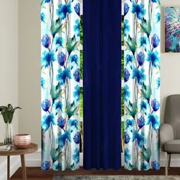 Home Sizzler Navy Blue & White Set of 3 Floral Long Door Curtain-32