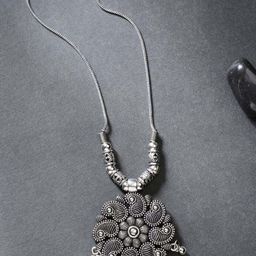 NVR Silver-Plated German Silver Oxidised Floral Shape Pendant With Chain-81