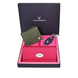 WildHorn Unisex Green & Pink Solid Premium Leather Accessory Gift Set-image-93