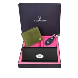 WildHorn Unisex Green & Black Solid Leather Accessory Gift Set-image-98
