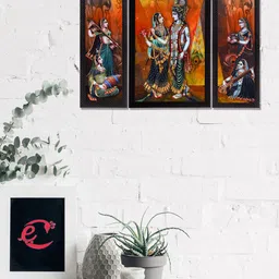 eCraftIndia Set Of 3 Orange and Blue Musical Radha With Krishna Texture UV Wall Arts-14