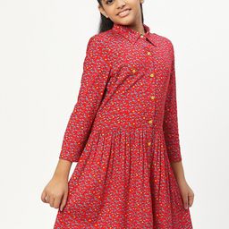 CACA CINA Girls Red & Blue Floral Printed Shirt Style Long Sleeves Dress-image-33