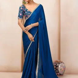 Inddus Floral Embroidered Mirror Work Satin Saree-10