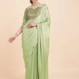 Sangria Olive Green Sequinned Satin Saree-image-10