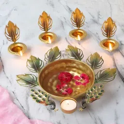 amaya decors Green & Gold Peacock Urli With Tealight Holder Set of 5-picture-34