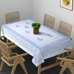 Rajasthan Decor White & Blue Ethnic Motifs Cotton 6-Seater Table Cover-36