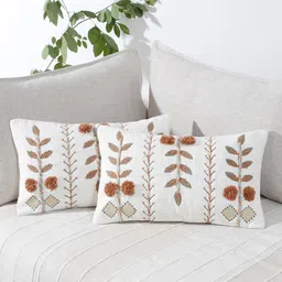 eyda White & Brown 2 Pieces Cotton Embroidered Rectangle Cushion Covers-15