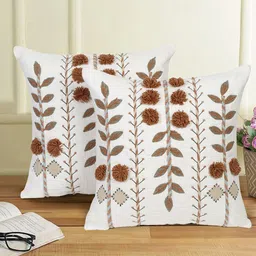 eyda White & Brown 2 Pieces Cotton Embroidered Square Cushion Covers-45