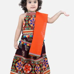 BownBee Girls Black & Orange Embroidered Mirror Work Ready to Wear Lehenga & Blouse With Dupatta-image-13
