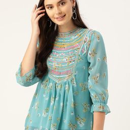 Antheaa Women Blue & Yellow Floral Print A-Line Top-picture-52