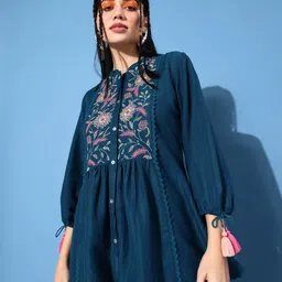 Sangria Blue & Pink Floral Embroidered Puff Sleeves A-Line Top-image-71