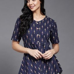 Azira Blue Geometric Roll-Up Sleeves A-Line Top-7