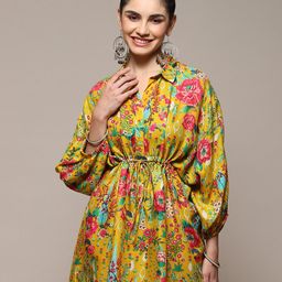 Biba Floral Printed Shirt Collar Puff Sleeves Longline Kaftan Top-3