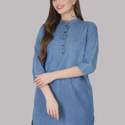 SAAKAA Mandarin Collar Three-Quarter Sleeves Cotton Denim Longline Top-picture-23