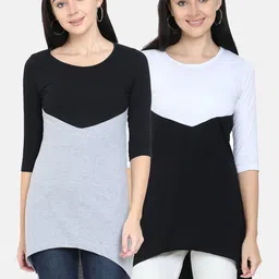 Fleximaa Pack Of 2 Black & Grey Colourblocked Pure Cotton Longline Top-picture-3