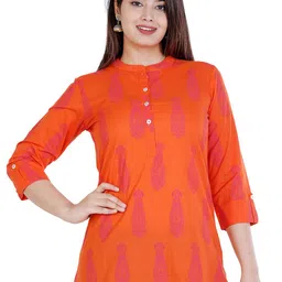 BAESD Ethnic Motif Printed Mandarin Collar Roll-Up Sleeves Cotton Longline Top-picture-16