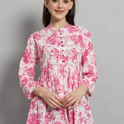 HANDICRAFT PALACE Floral Printed Mandarin Collar Gathered or Pleated Cotton Longline Top-image-69