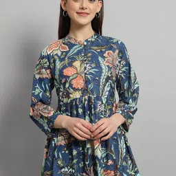HANDICRAFT PALACE Floral Printed Mandarin Collar Cotton Gathered or Pleated Longline Top-image-72