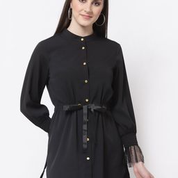 BLANC9 Women Black Mandarin Collar Crepe Shirt Style Longline Top-image-85