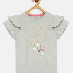 mothercare Girls Grey & Beige Dreamcatcher Embroidered Flutter Sleeve Top with Tassels-54