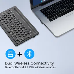 Black Portronics Bubble Dock tablet wireless keyboard, featuring dual wireless connectivity with 2.4 GHz and Bluetooth for a stable, lag-free typing experience on multiple devices. image 2