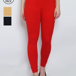 GRACIT Women Pack Of 3 Black & Red Solid Churidar-Length Leggings-picture-54