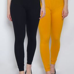 GRACIT Women Pack of 2 Black & Mustard Solid Churidar Length Leggings-image-22
