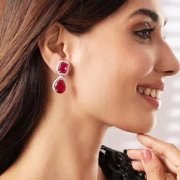 Rubans Rhodium Plated Ruby & Cubic Zirconia Studded Embellished Drop Earrings image 1