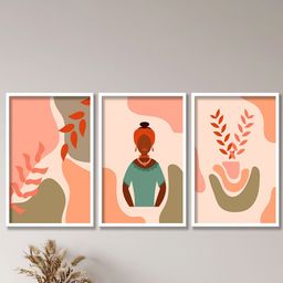 SAF Peach Coloured & Green 3 Pieces Modern Boho Art Painting Framed Wall Art-18