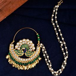 Silvermerc Designs Gold-Plated White & Green Stone-Studded & Pearl Beaded Meenakari Chained Nosering-17