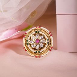 Rubans 22K Gold Plated Premium Multicolor Kundan Beaded Round Shape Adjustable Finger Ring-picture-17