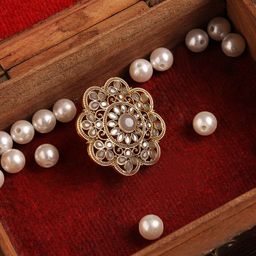 Jazz and Sizzle Gold-Plated Grey & White Kundan-Studded Handcrafted Finger Ring-74