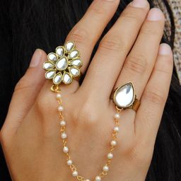 BeAbhika Kundan Studded & Pearl Beaded Adjustable Duo Two Finger Ring-image-10